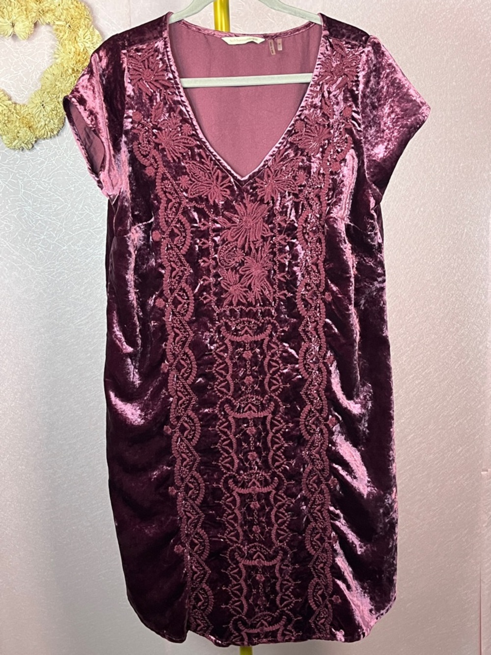 Soft Surroundings Velvet Embroidered V-Neck Mini Dress in Plum